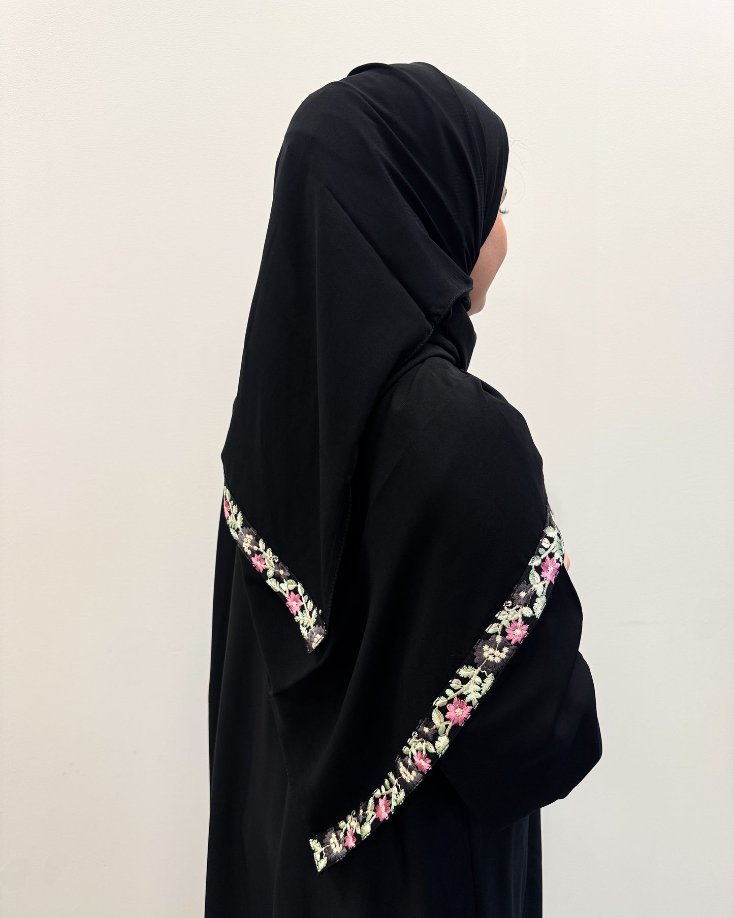 Silk Floral Embroidered Abaya with Coordinated Scarf