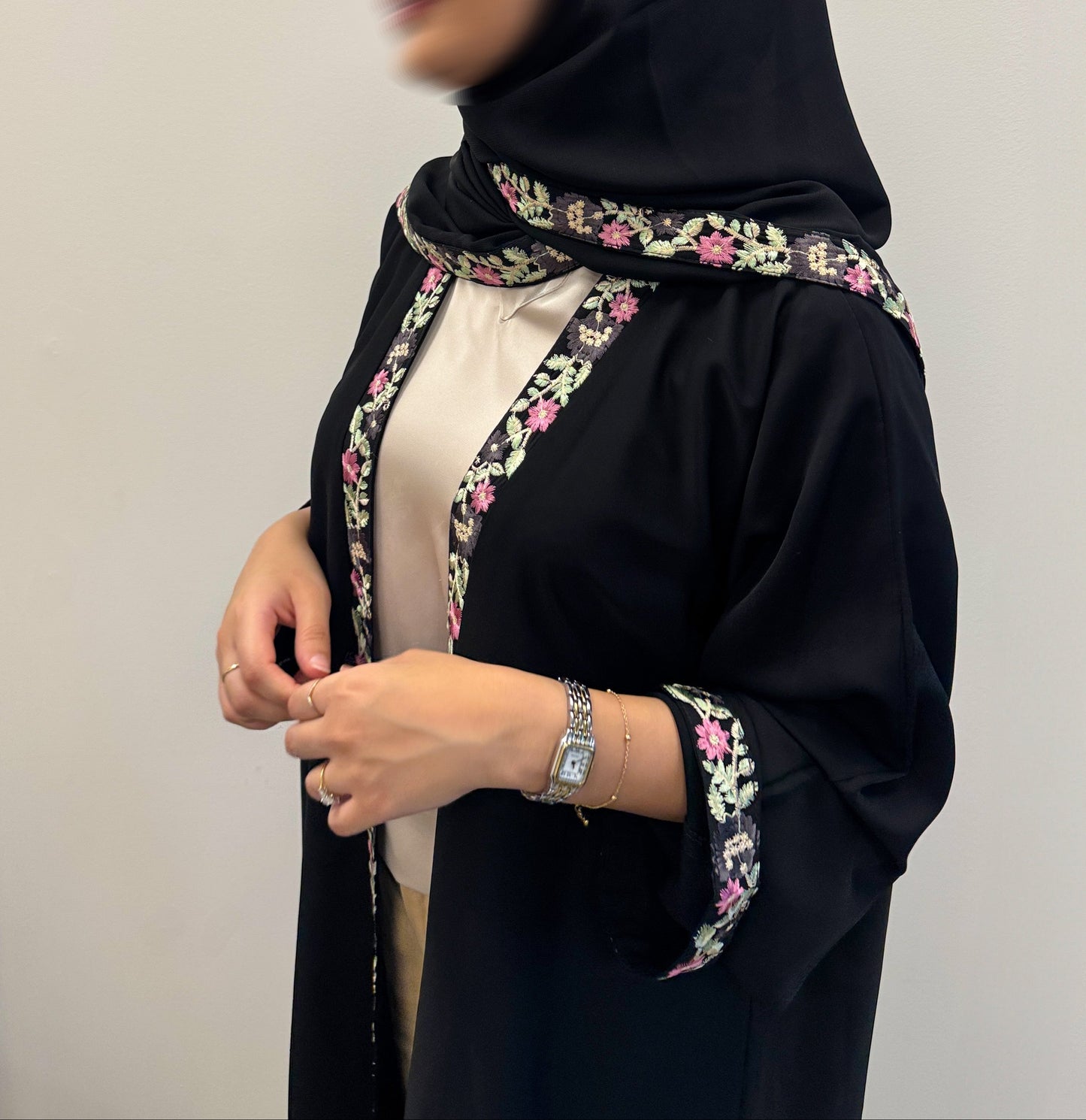 Silk Floral Embroidered Abaya with Coordinated Scarf