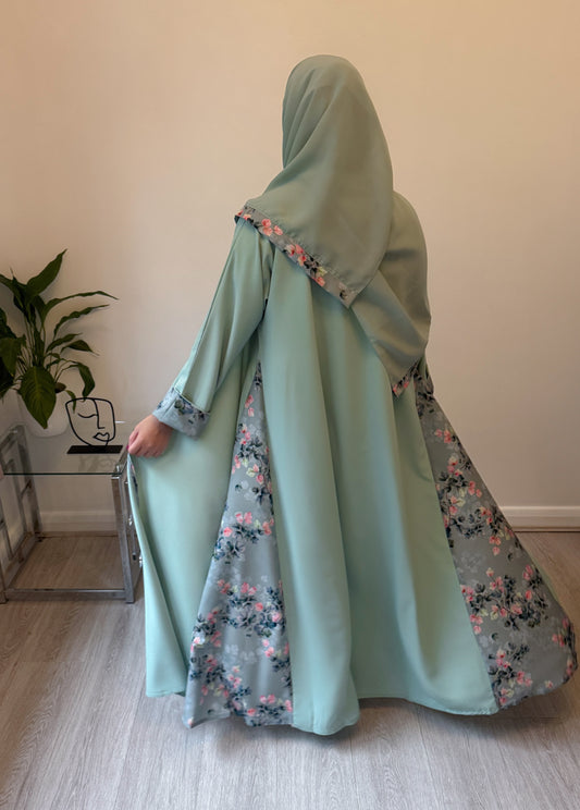 Mint Blossom Abaya with Coordinated Scarf