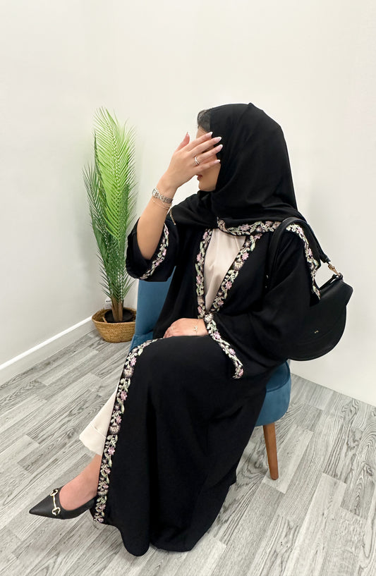 Silk Floral Embroidered Abaya with Coordinated Scarf