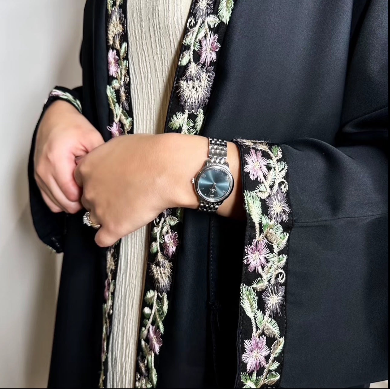 Silk Floral Embroidered Abaya with Coordinated Scarf