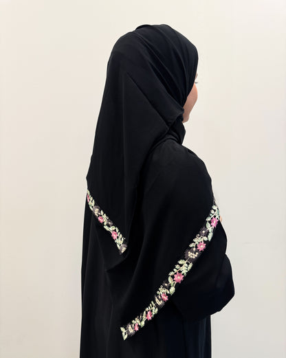 Silk Floral Embroidered Abaya with Coordinated Scarf